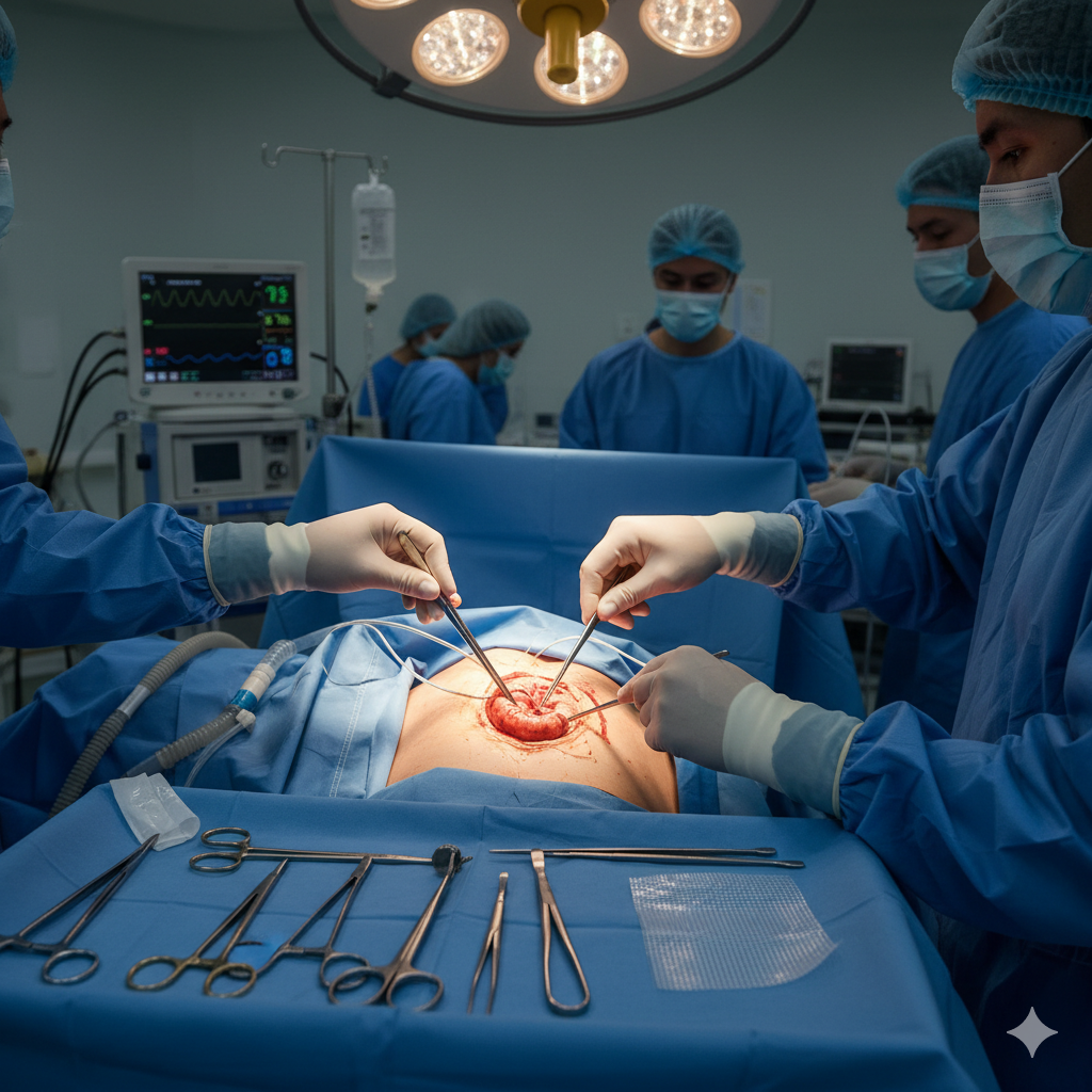 photo of surgeons operating hernia surgery on a patient